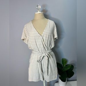 White and Camel, Gingham, Linen Blend Romper - Has Pockets!